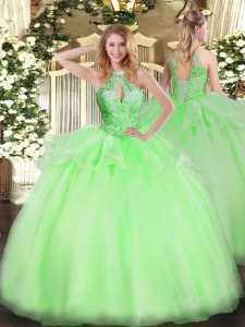 Quince Ball Gowns Military Ball and Sweet 16 and Quinceanera with Beading Halter Top Sleeveless Lace Up