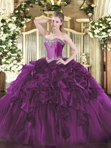 Purple Sleeveless Floor Length Beading and Ruffles Lace Up Quinceanera Gowns