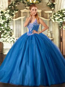 Delicate Sleeveless Tulle Floor Length Lace Up Quinceanera Dresses in Blue with Beading