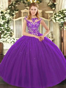 Eggplant Purple Ball Gowns Tulle Scoop Sleeveless Beading and Appliques Floor Length Lace Up Quince Ball Gowns