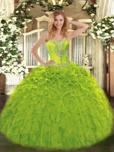 High End Olive Green Organza Lace Up Quinceanera Gowns Sleeveless Floor Length Beading and Ruffles