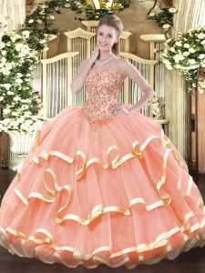 Fancy Sleeveless Floor Length Appliques and Ruffled Layers Lace Up Quinceanera Dress with Peach