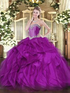 Purple Ball Gowns Sweetheart Sleeveless Organza Floor Length Lace Up Beading and Ruffles Quince Ball Gowns