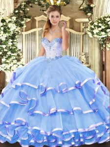 Sleeveless Floor Length Beading and Ruffled Layers Lace Up Vestidos de Quinceanera with Blue