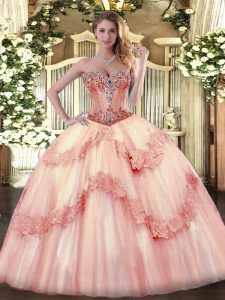 Colorful Sweetheart Sleeveless Quinceanera Dresses Beading and Appliques Baby Pink Tulle