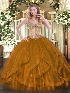 Romantic Beading and Ruffles Quinceanera Dresses Brown Lace Up Sleeveless Floor Length