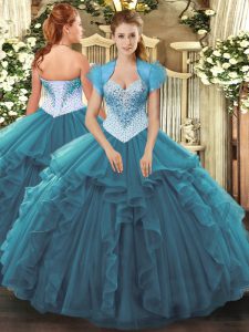 Teal Sweetheart Neckline Beading and Ruffles Quinceanera Gowns Sleeveless Lace Up