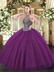 Flare Eggplant Purple Halter Top Neckline Beading Quinceanera Dress Sleeveless Lace Up