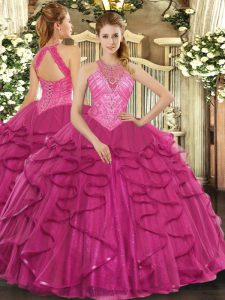 Hot Pink Ball Gowns Tulle High-neck Sleeveless Beading and Ruffles Floor Length Lace Up Quinceanera Dresses