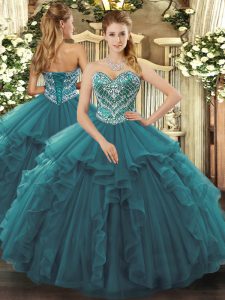 Simple Turquoise Sleeveless Tulle Lace Up Quinceanera Gowns for Military Ball and Sweet 16 and Quinceanera