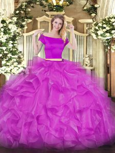 Luxurious Fuchsia Short Sleeves Appliques and Ruffles Floor Length 15th Birthday Dress