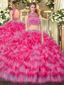 Coral Red Two Pieces Tulle High-neck Sleeveless Beading and Ruffled Layers Floor Length Backless Quinceanera Gowns