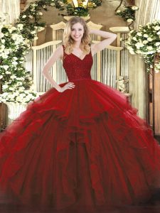 Sleeveless Floor Length Beading and Lace and Ruffles Backless 15 Quinceanera Dress with Wine Red