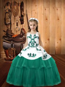 Top Selling Turquoise Sleeveless Floor Length Embroidery Lace Up Pageant Gowns For Girls