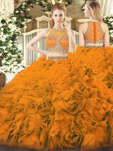 Modest Beading Quince Ball Gowns Orange Red Zipper Sleeveless Floor Length