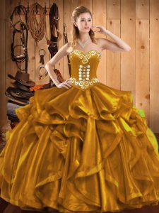 Enchanting Floor Length Gold 15 Quinceanera Dress Organza Sleeveless Embroidery and Ruffles