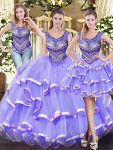 Fashionable Scoop Sleeveless Lace Up Sweet 16 Quinceanera Dress Lavender Tulle