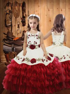 Straps Sleeveless Lace Up Little Girls Pageant Gowns Red Organza