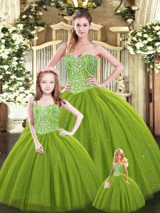 Perfect Olive Green Ball Gowns Beading Quinceanera Gowns Lace Up Tulle Sleeveless Floor Length