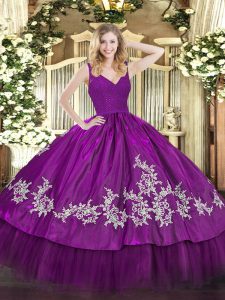 Decent Sleeveless Floor Length Beading and Lace and Appliques Backless Quinceanera Dresses with Fuchsia