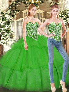 Sleeveless Tulle Floor Length Lace Up Quinceanera Dresses in Green with Beading and Ruffled Layers