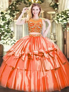 Modern Sleeveless Tulle Floor Length Zipper 15th Birthday Dress in Orange Red with Beading and Ruffled Layers