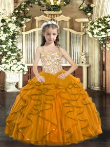 Orange Tulle Lace Up Pageant Gowns For Girls Sleeveless Floor Length Beading and Ruffles