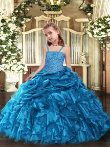 Blue Straps Neckline Beading and Ruffles Pageant Gowns For Girls Sleeveless Lace Up