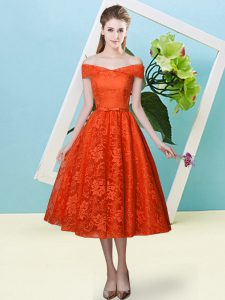 On Sale Cap Sleeves Tea Length Bowknot Lace Up Quinceanera Dama Dress with Rust Red