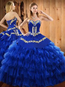 Sumptuous Blue Sweetheart Lace Up Embroidery and Ruffled Layers Sweet 16 Dress Sleeveless