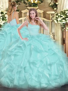 Aqua Blue Zipper Straps Beading and Ruffles Quinceanera Dress Organza Sleeveless