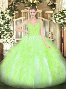 Unique Spaghetti Straps Sleeveless Quinceanera Dresses Floor Length Ruffles Yellow Green Organza