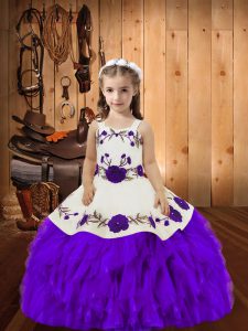 Eggplant Purple Organza Lace Up High School Pageant Dress Sleeveless Floor Length Embroidery and Ruffles