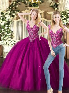 Beading Sweet 16 Quinceanera Dress Fuchsia Lace Up Sleeveless Floor Length