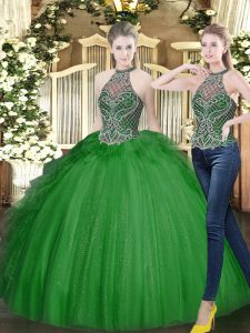 Luxury Dark Green Ball Gowns Beading and Ruffles 15 Quinceanera Dress Lace Up Tulle Sleeveless Floor Length