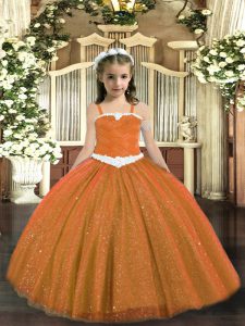 Rust Red Tulle Lace Up Straps Sleeveless Floor Length Pageant Gowns For Girls Appliques