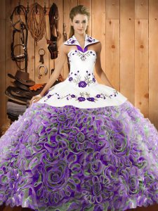 Enchanting Multi-color Fabric With Rolling Flowers Lace Up Sweet 16 Quinceanera Dress Sleeveless Sweep Train Embroidery