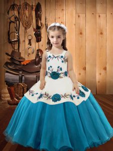 Beautiful Sleeveless Organza Floor Length Lace Up Pageant Dress in Teal with Embroidery