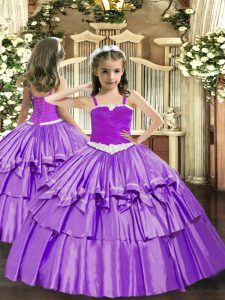 Lavender Lace Up Straps Appliques and Ruffled Layers Little Girls Pageant Gowns Organza Sleeveless