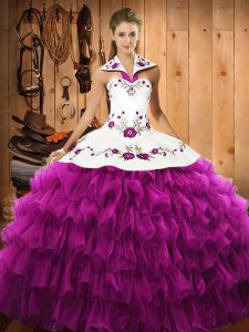 Dramatic Halter Top Sleeveless Satin and Organza Sweet 16 Dress Embroidery and Ruffled Layers Lace Up