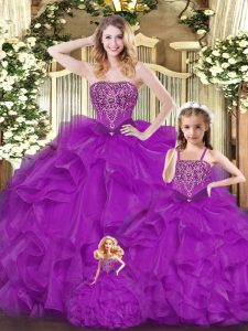 Sexy Sleeveless Organza Floor Length Lace Up Quinceanera Gowns in Purple with Beading and Ruffles