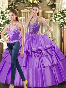 Eggplant Purple Organza Lace Up Straps Sleeveless Floor Length Ball Gown Prom Dress Ruffled Layers