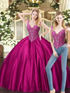 Fuchsia Two Pieces Beading Vestidos de Quinceanera Lace Up Tulle Sleeveless Floor Length