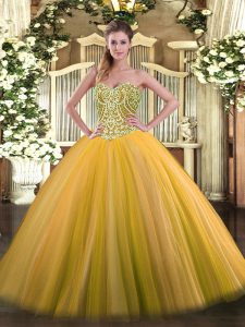 Sweetheart Sleeveless Lace Up Quinceanera Gown Gold Tulle