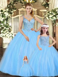 Turquoise Tulle Lace Up Quinceanera Gown Sleeveless Floor Length Beading