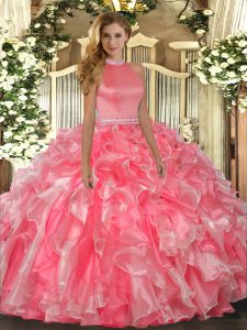 Hot Pink Sleeveless Beading and Ruffles Floor Length Quinceanera Dresses