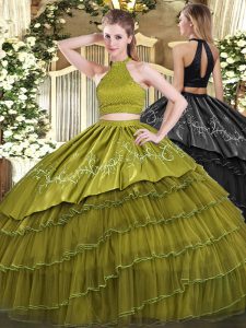 Trendy Olive Green Ball Gowns Halter Top Sleeveless Organza Floor Length Backless Beading and Embroidery and Ruffled Layers Sweet 16 Quinceanera Dress