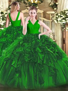 Dark Green V-neck Zipper Ruffles Sweet 16 Dresses Sleeveless