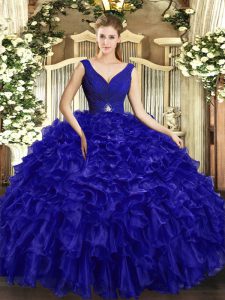 Classical Organza V-neck Sleeveless Backless Beading and Ruffles Quinceanera Gown in Royal Blue