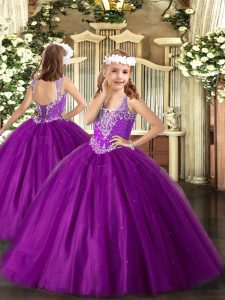 Beautiful Floor Length Ball Gowns Sleeveless Purple Little Girls Pageant Gowns Lace Up